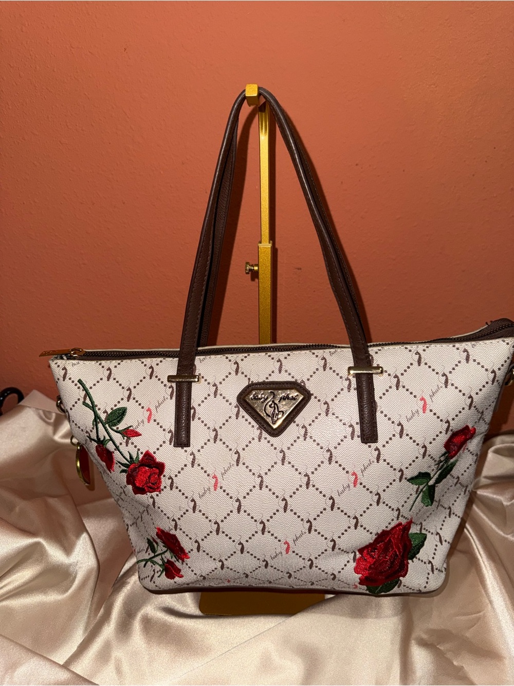 Baby Phat White Tote with Red Rose Embroidery and Brown Straps